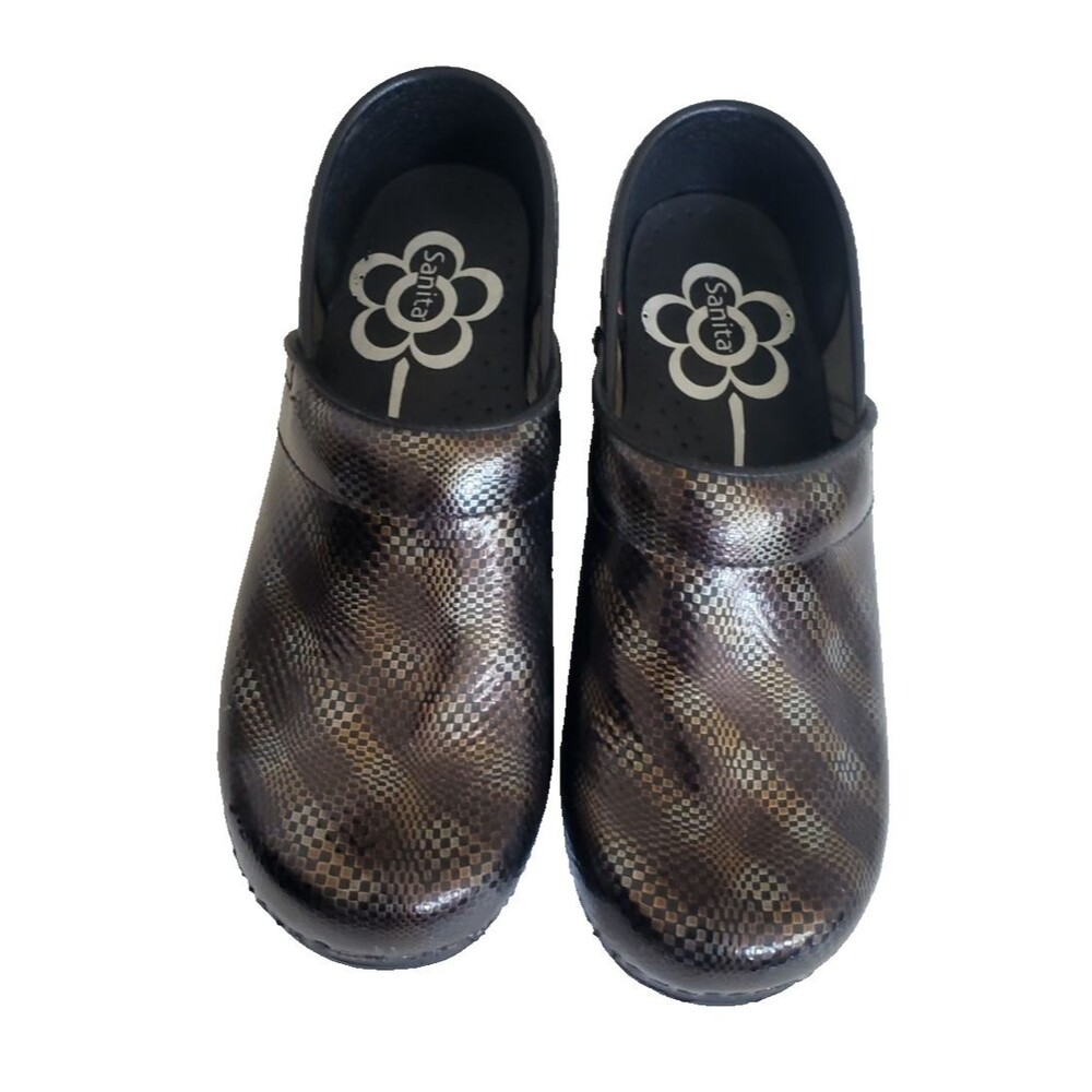 NEW Women's Sz 6 / 36 SANITA Patent Leather Clog Gold Bronze Black Silver Weave
